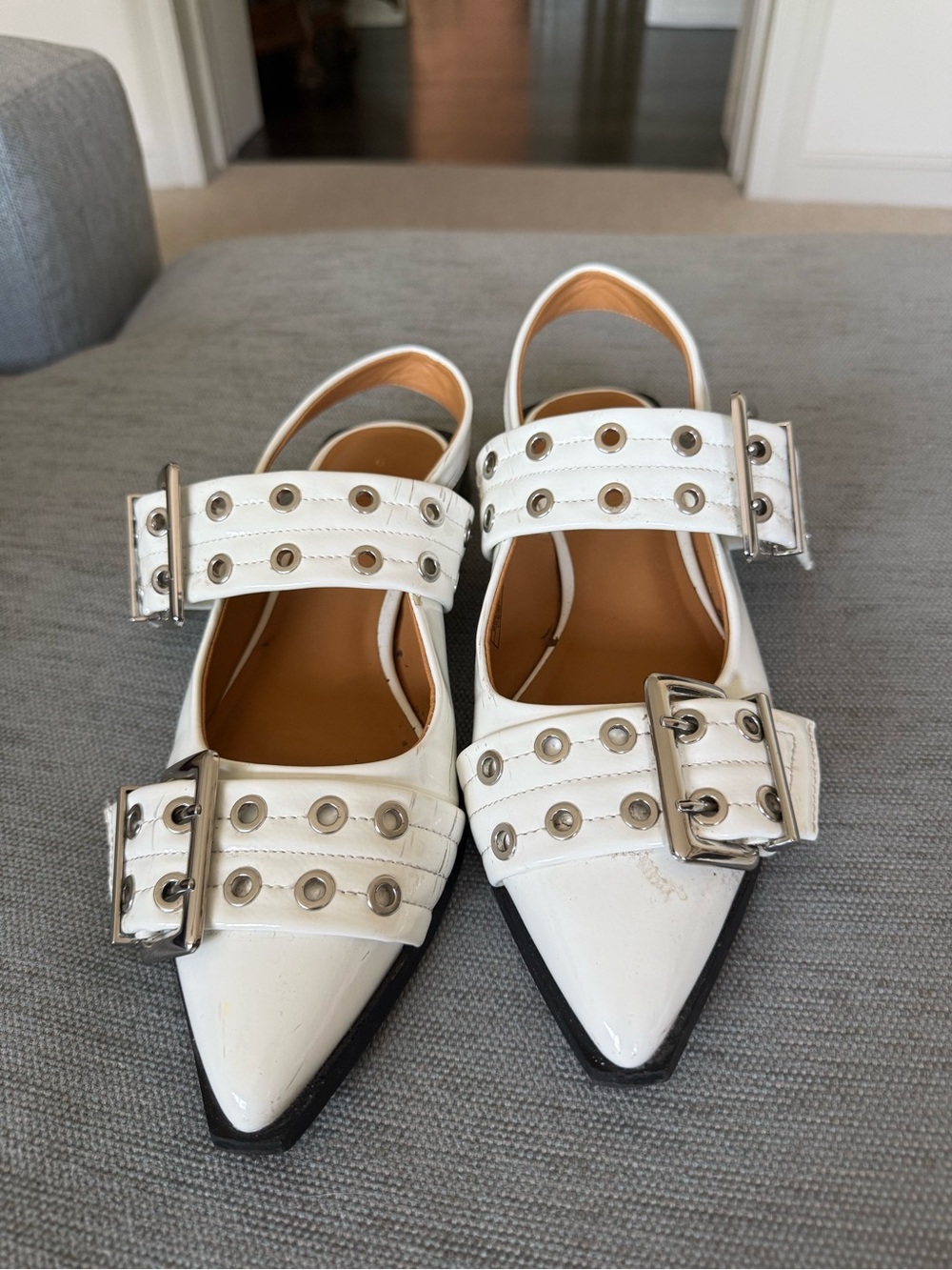 White Pointed Buckle Slingback Flats